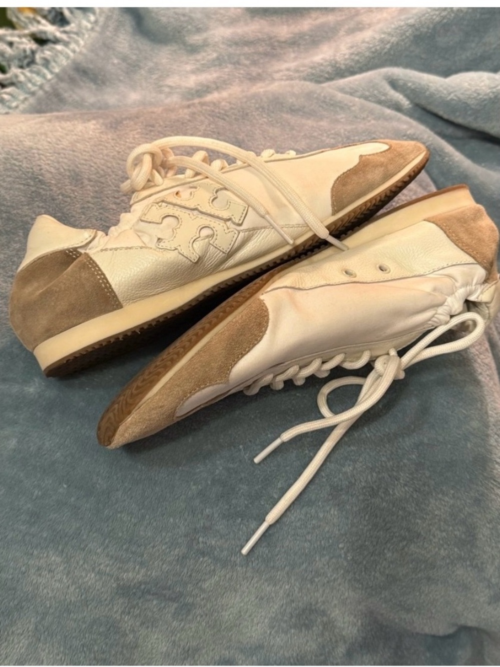 Tory Burch White Leather Sneakers with Beige Suede Accents